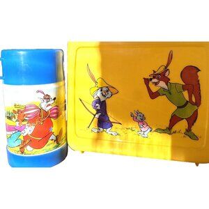 vintage Walt Disney Robbin Hood Plastic Thermos Lunch Pail Box Yellow